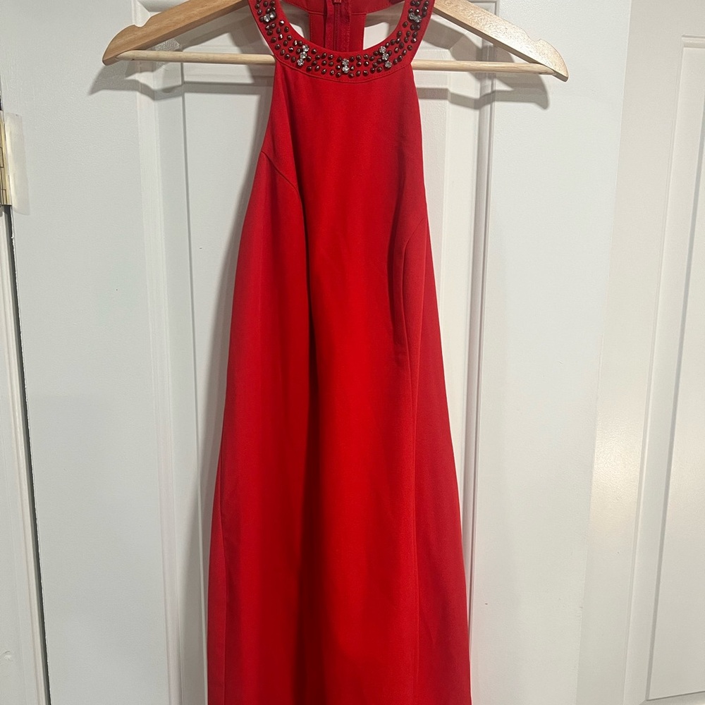 Elegant Red Halter Dress with Embellished Neckline